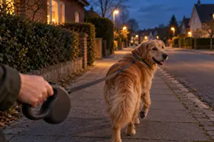 Illustration af en hund i flexline, der går på et stille villafortov i skumringen under tændte gadelygter