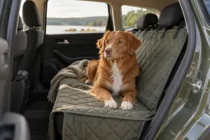 Illustration af en hund, der sidder roligt på et quiltet betræk over bagsædet i en bil, set gennem den åbne bagdør