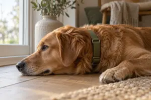 Illustration af en rolig hund med et fladt halsbånd, der ligger på et trægulv ved et vindue