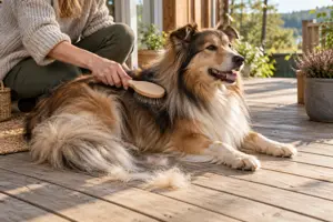 Illustration af en ejer, der børster en langhåret hunds tykke pels med en træbørste på en solrig terrasse