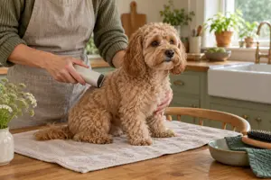 Illustration af en lille krøllet hund, der sidder roligt på et håndklæde på et køkkenbord, mens en ejer holder en ledningsfri klipper