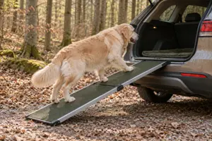 Illustration af en stor hund, der går op ad en sammenklappelig rampe ind i bagagerummet på en bil ved en bøgeskov