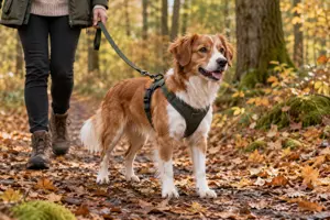 Illustration af en hund i en polstret gåsele på en skovsti med efterårsløv, med ejerens ben og snoren i baggrunden