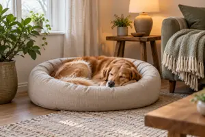 Illustration af en hund, der sover sammenrullet i en rund, blød hundeseng i et hyggeligt stuehjørne med lampe og plaid