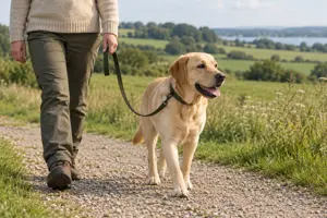 Illustration af en labradorlignende hund, der går ved siden af sin ejer i løs snor på en grussti gennem grønne marker