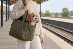Illustration af en lille hund, der kigger ud af en blød taske båret på ejerens skulder på en stille togperron