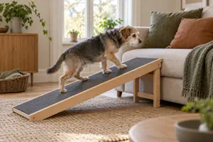 Illustration af en lille ældre hund, der går roligt op ad en trærampe til en lav sofa i en lys stue