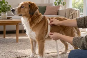 Illustration af en ejer, der lægger et blødt målebånd om brystet på en rolig hund lige bag forbenene i en stue