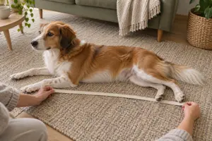 Illustration af en hund, der ligger strakt ud på et tæppe i stuen, mens en ejer lægger et målebånd langs hunden