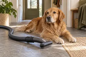 Illustration af et håndholdt plejeværktøj på en støvsugerslange ved siden af en rolig hund, der ligger på et lyst entrégulv