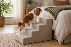Illustration af en lille hund, der går op ad en polstret kæledyrstrappe med fire trin ved siden af en seng i et roligt soveværelse