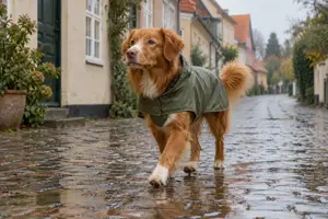 Illustration af en hund i et vandtæt regndækken, der går på en våd brostensgade med vandpytter i let regn