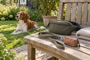 Illustration af en lille bæltetaske og en snor med en lille pung på en havebænk, mens en hund hviler i græsset bagved