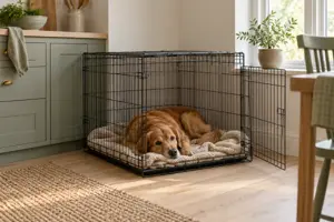 Illustration af en hund, der ligger afslappet på et tæppe i et åbent trådbur i et roligt køkkenhjørne