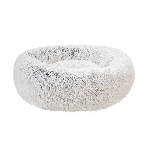Fluffy Donut seng i hvid langhåret plys, rund med høj polstret kant
